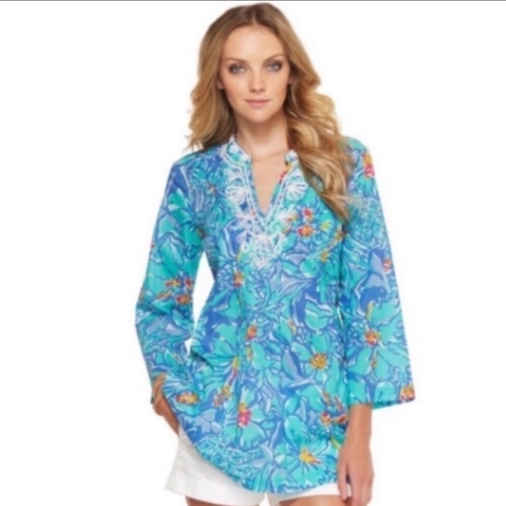 Lilly Pulitzer Sarasota Beaded Blue Iris Mai Tai Tunic Top Coastal Feminine